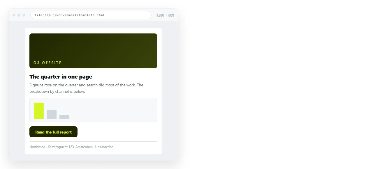 A table based email template open in a browser window at desktop width.