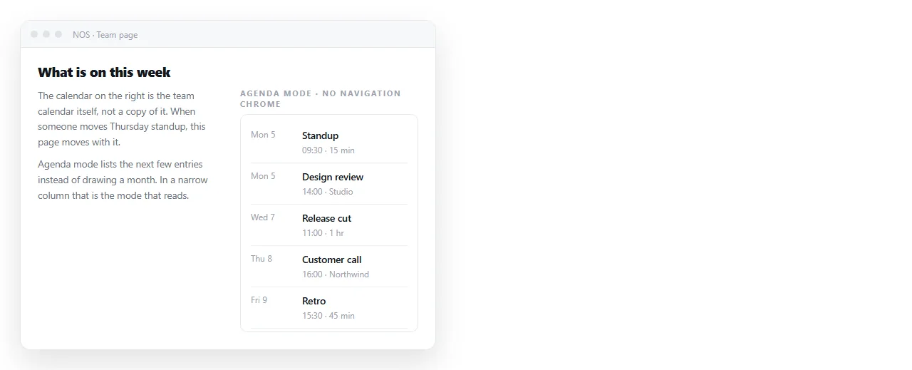 An agenda-mode calendar embed inside a document column, with navigation chrome turned off.