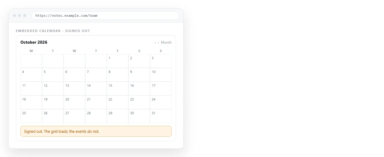 A calendar embed viewed while signed out. The grid renders but contains no events.