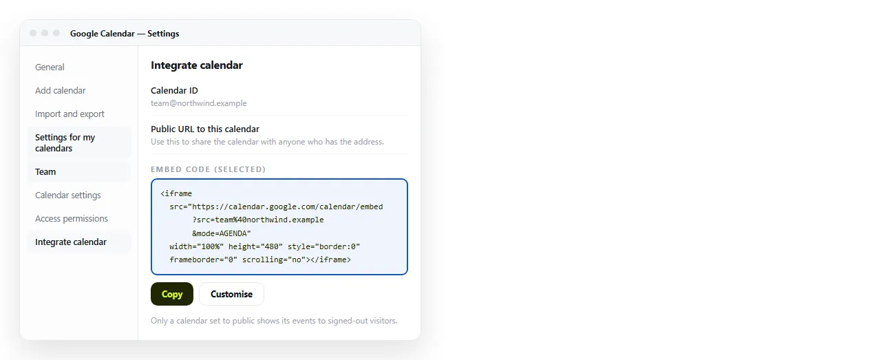 The Integrate calendar section of Google Calendar settings, with the embed code box selected.