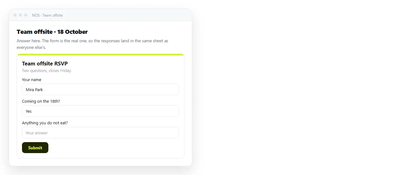 An embedded Google Form rendered inside a NOS document with a heading above it.