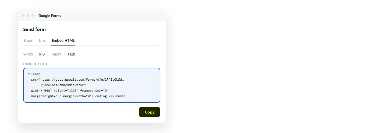 The Send panel in Google Forms with the embed tab selected and the iframe code visible.