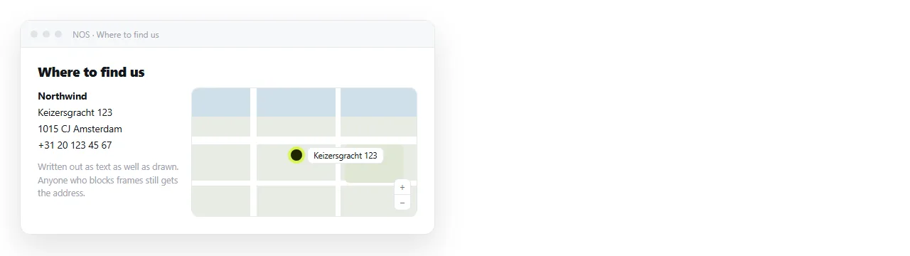 A map embed rendered inside a NOS document alongside the written address.