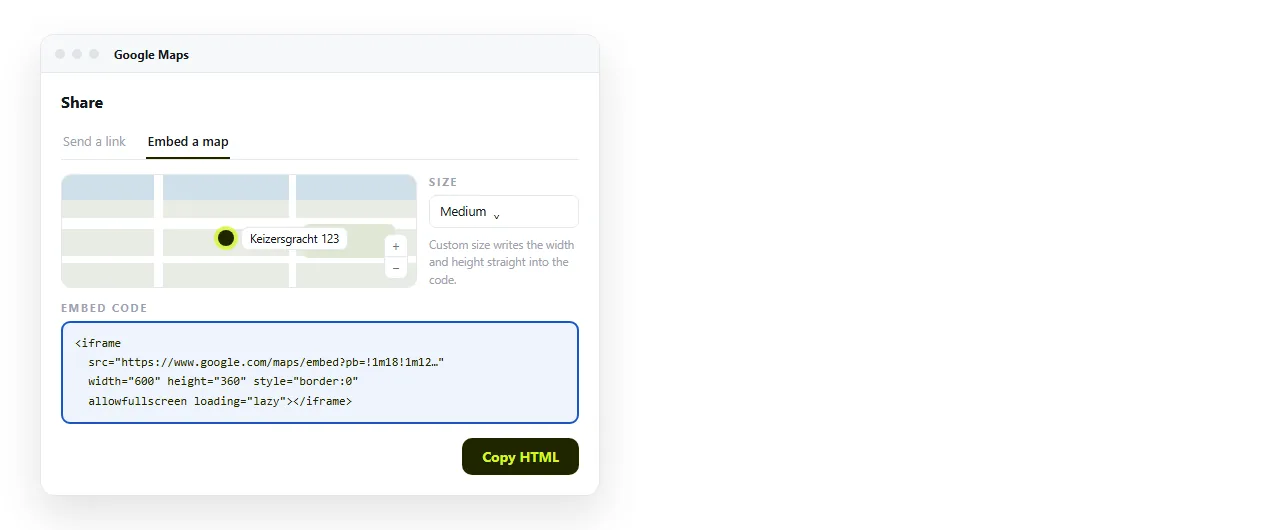 The Google Maps share panel with the Embed a map tab open and the iframe code selected.