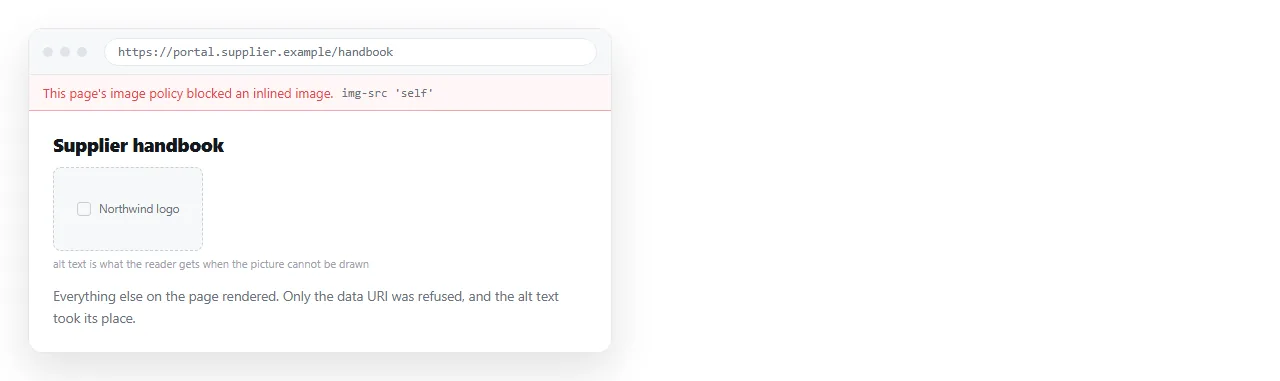A page where a strict image policy blocked a data URI. The alt text shows in place of the picture.