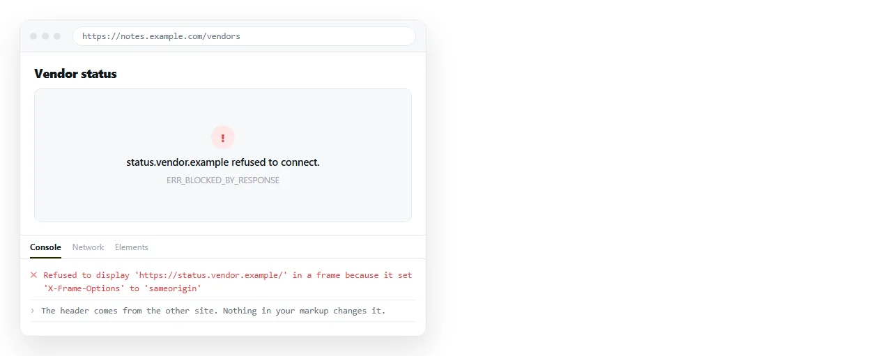 A frame showing a refused-to-connect message, with the browser console naming the blocking header.