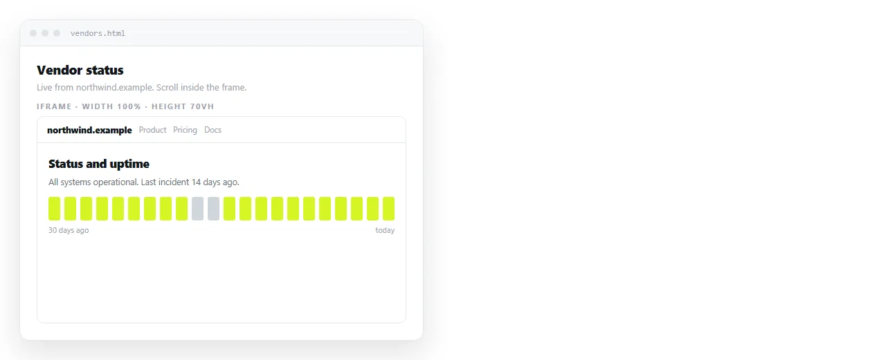 An embedded site inside a bordered frame set to 70vh, with the host page heading above it.