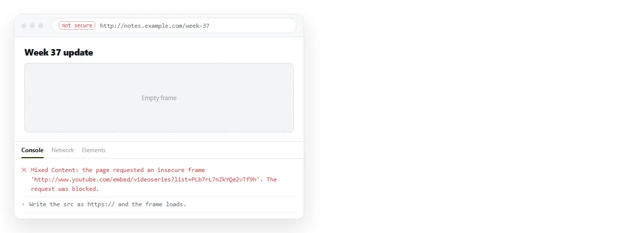 A blocked frame in a page opened over plain HTTP. The console names the request.