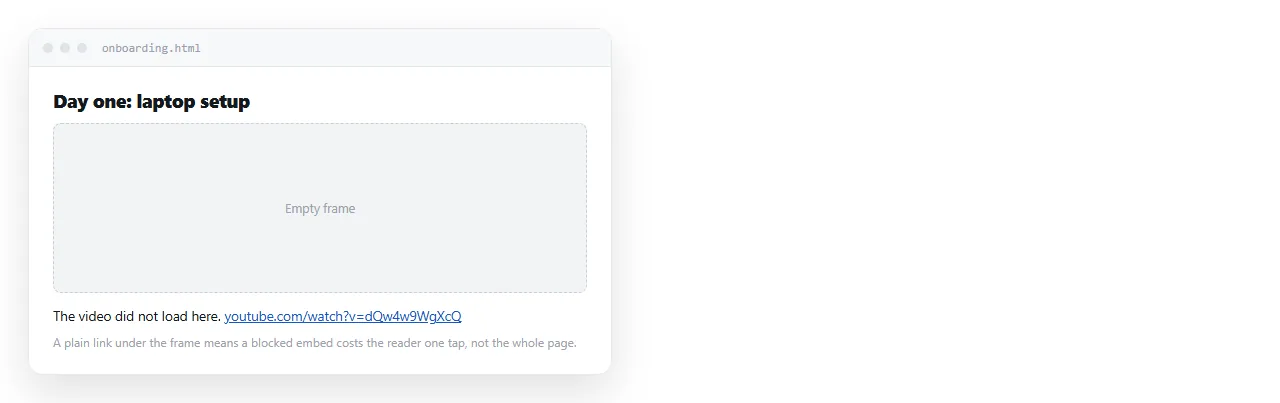 An empty rectangle where a video should be, with a plain link to the video underneath it.