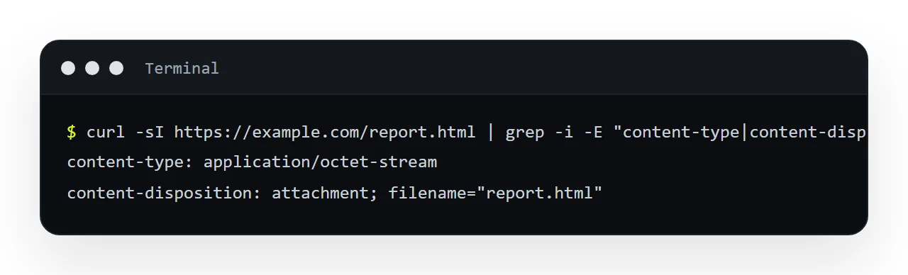 One command shows which header did it. Anything other than text/html is the whole problem.