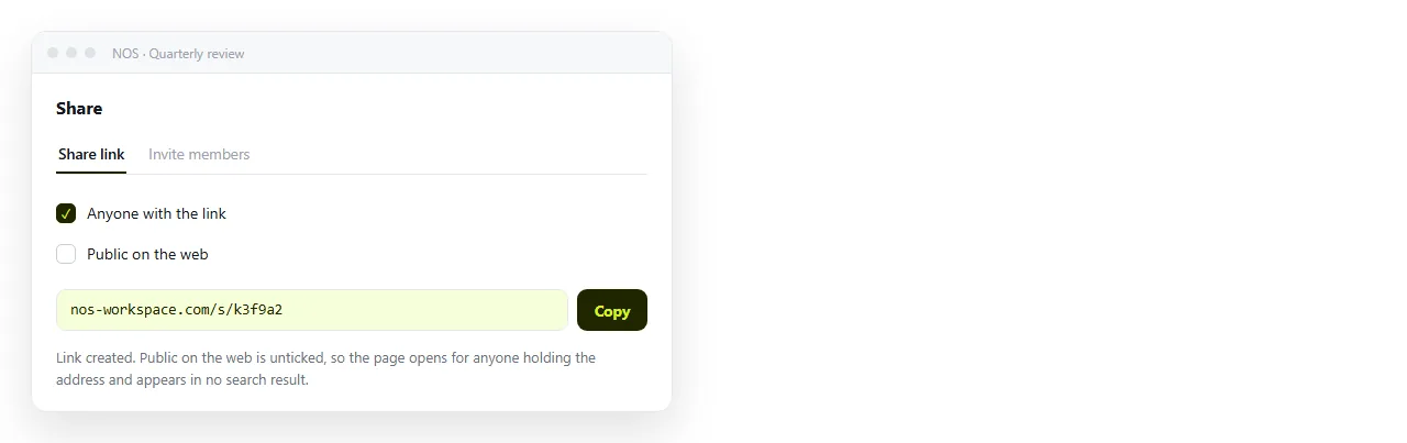 The share dialog with the link created and Public on the web unticked.