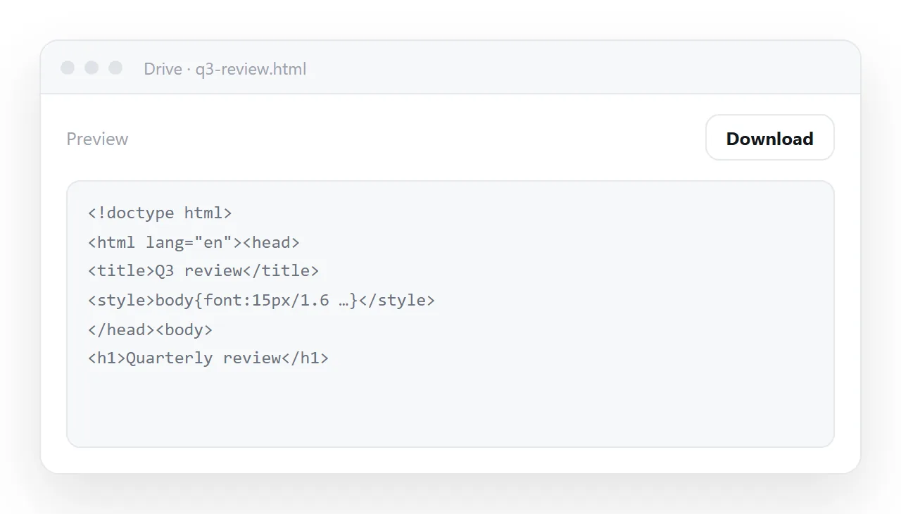 An HTML file in Google Drive: the preview shows the source code, and the only action is Download.