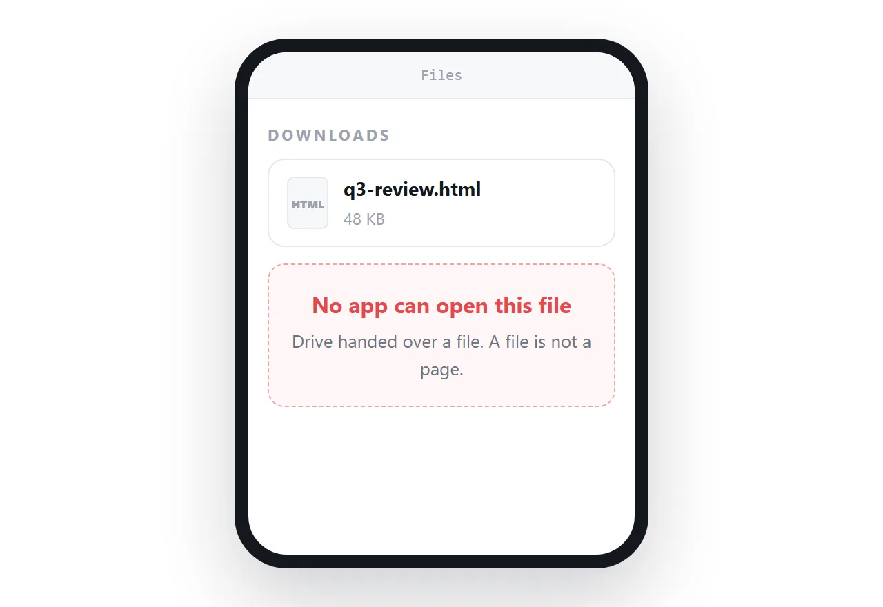 For the recipient on a phone, the download lands in storage with no app to open it.