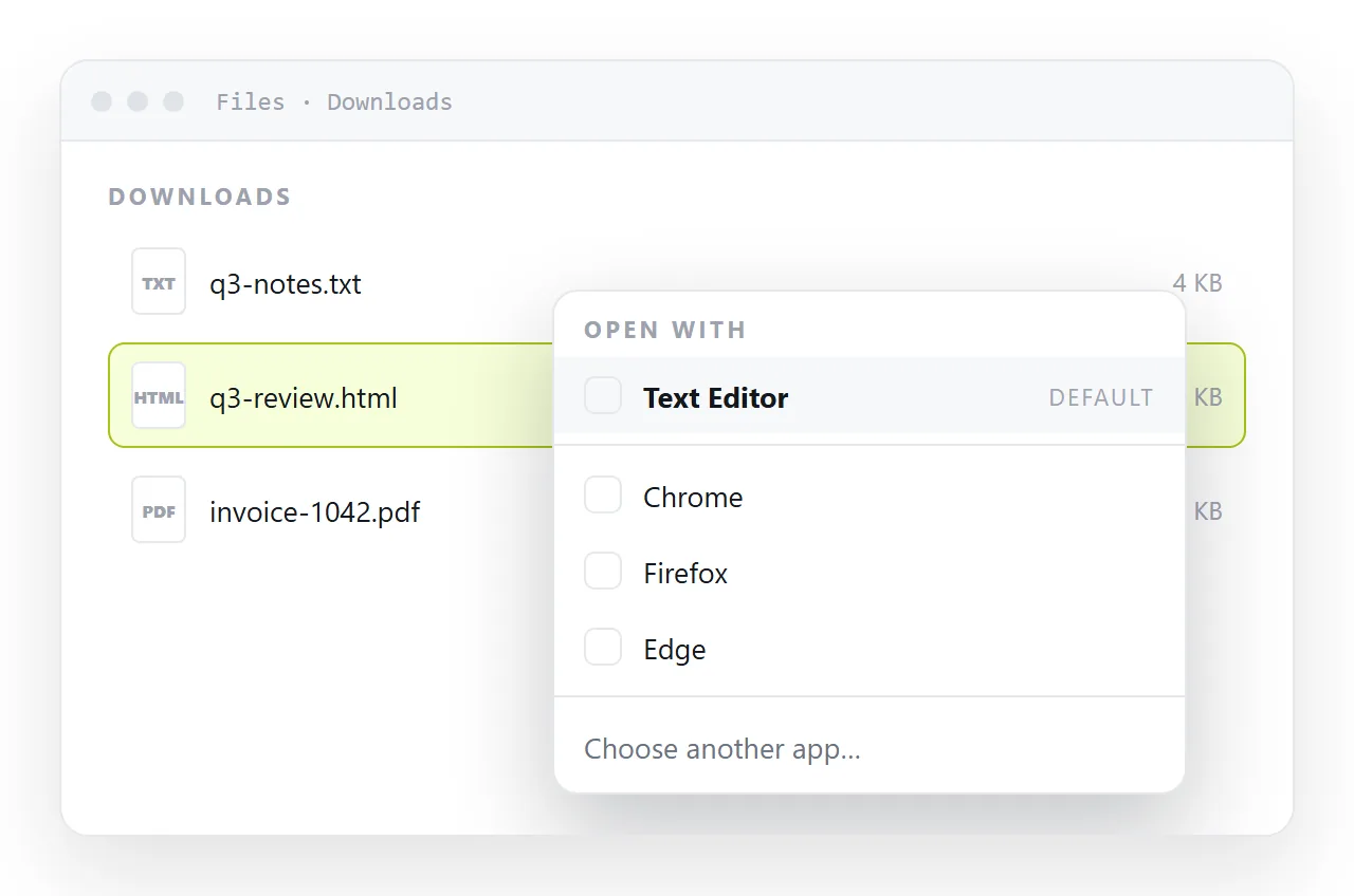 The Open with menu on an HTML file, with browsers listed under a code editor that currently owns the file type.