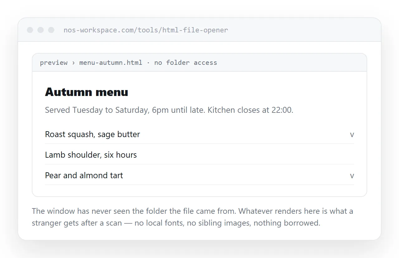 The HTML file opened in a window that has never seen its folder. This is the test a scanner will repeat.