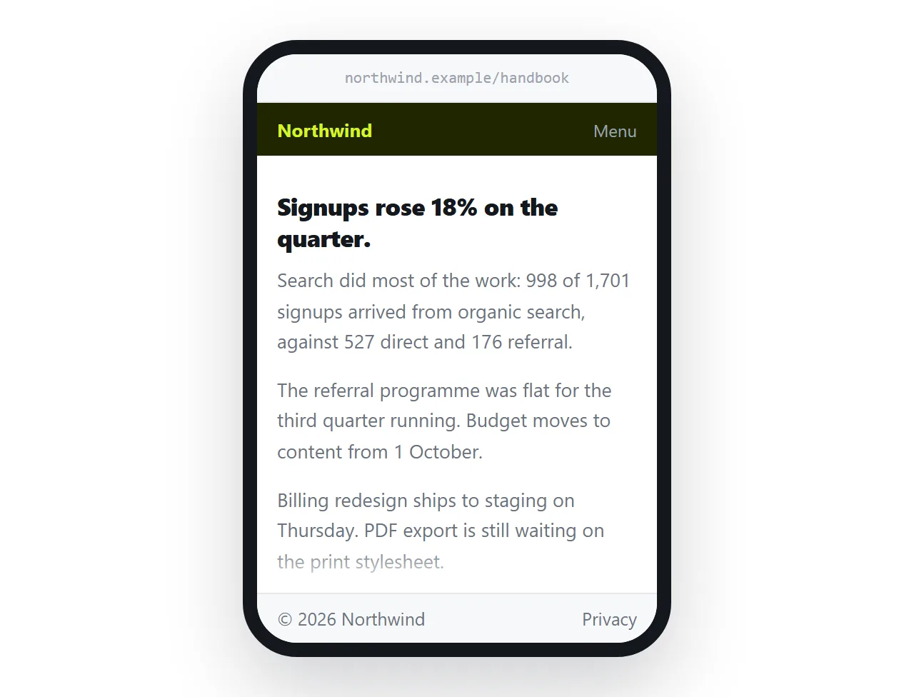 The same layout at phone width, with the footer resting on the bottom edge.