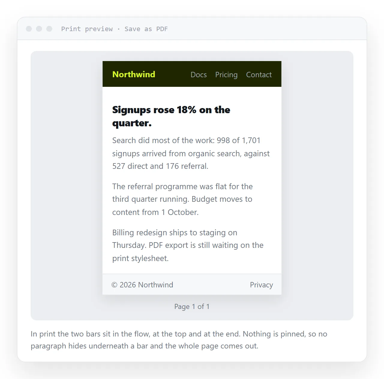 Print preview of the layout, with the bars in the flow and the full content visible.