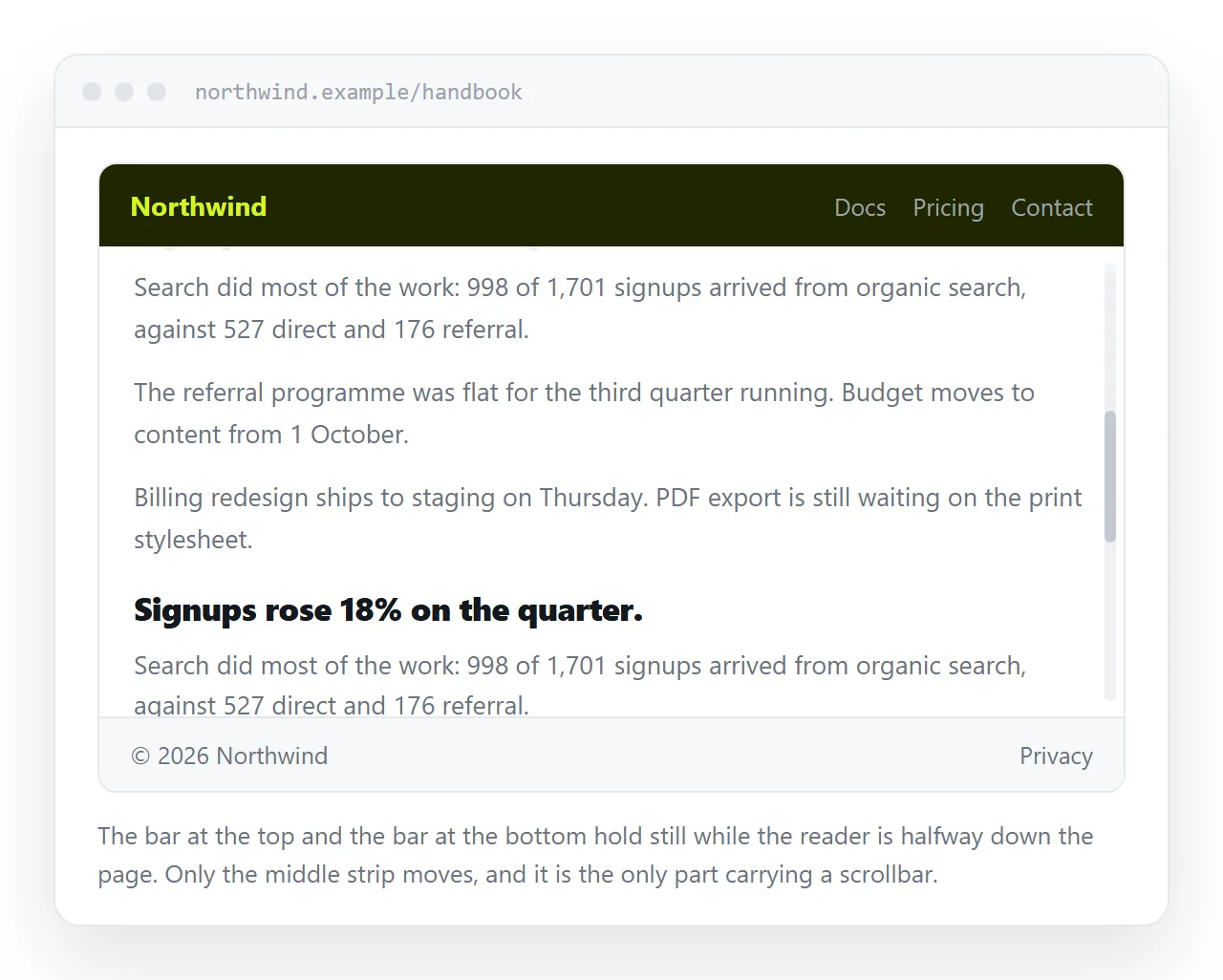 A page with a bar at the top, a bar at the bottom, and the middle section scrolled.