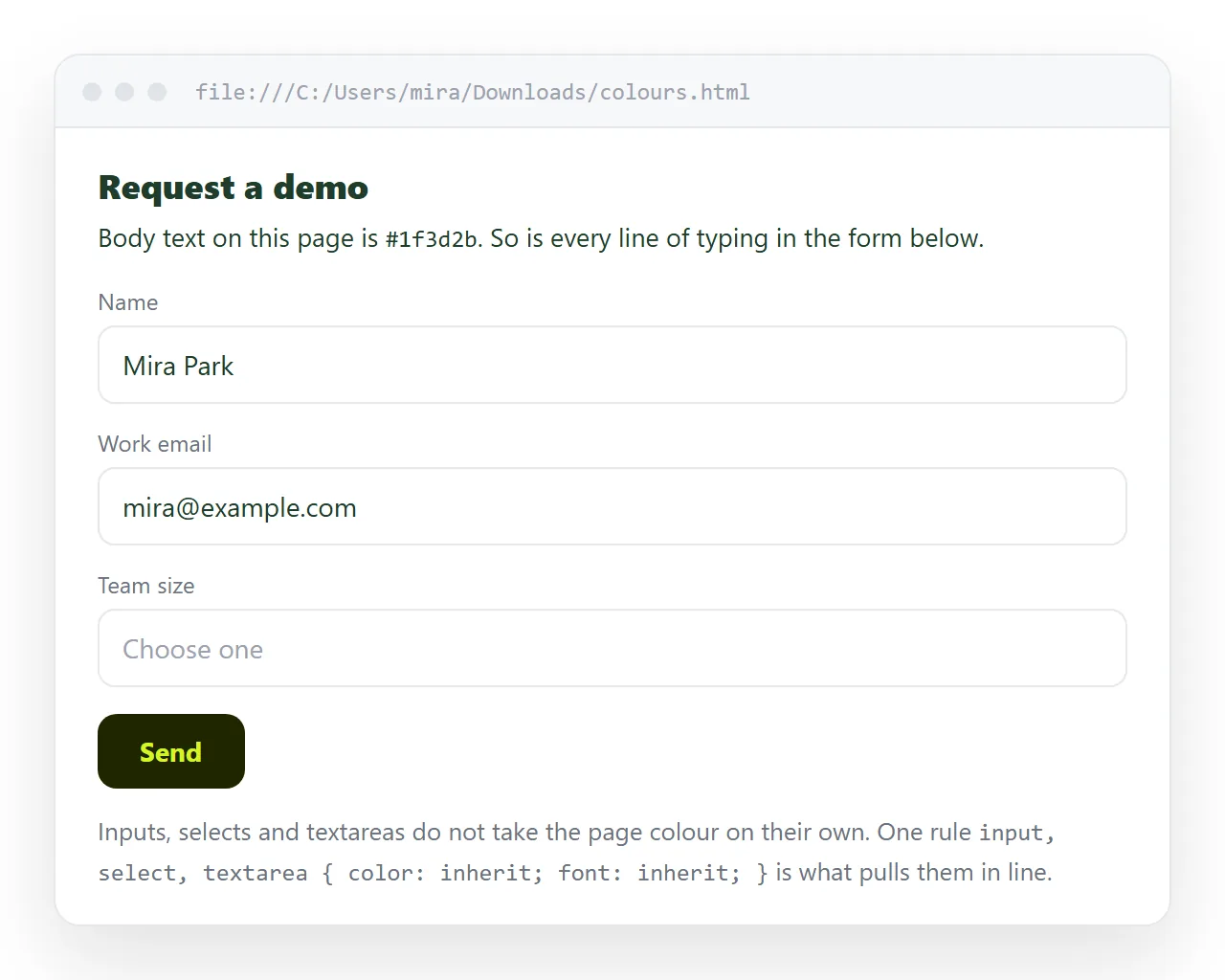 A form where inputs inherit the page text colour instead of the system default.