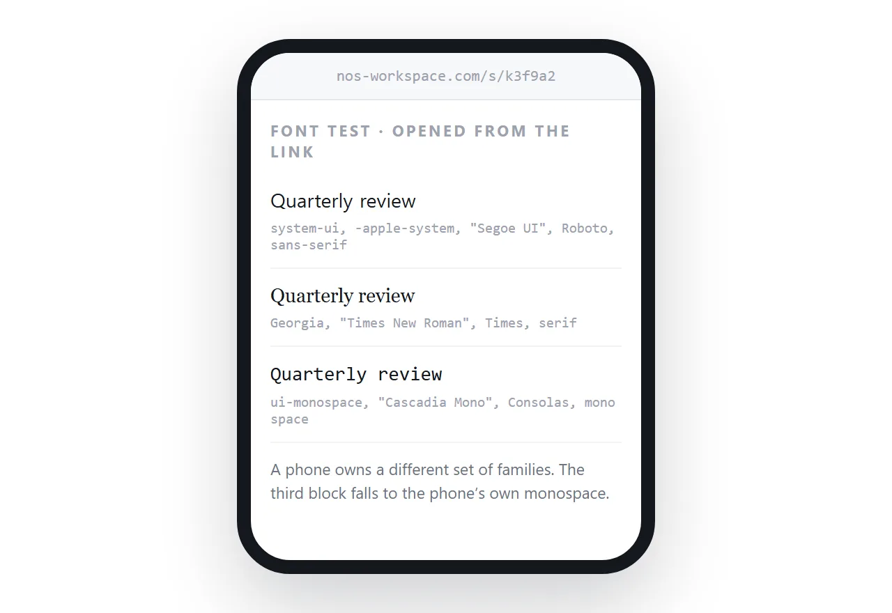 The font test page opened from a share link on a different device.