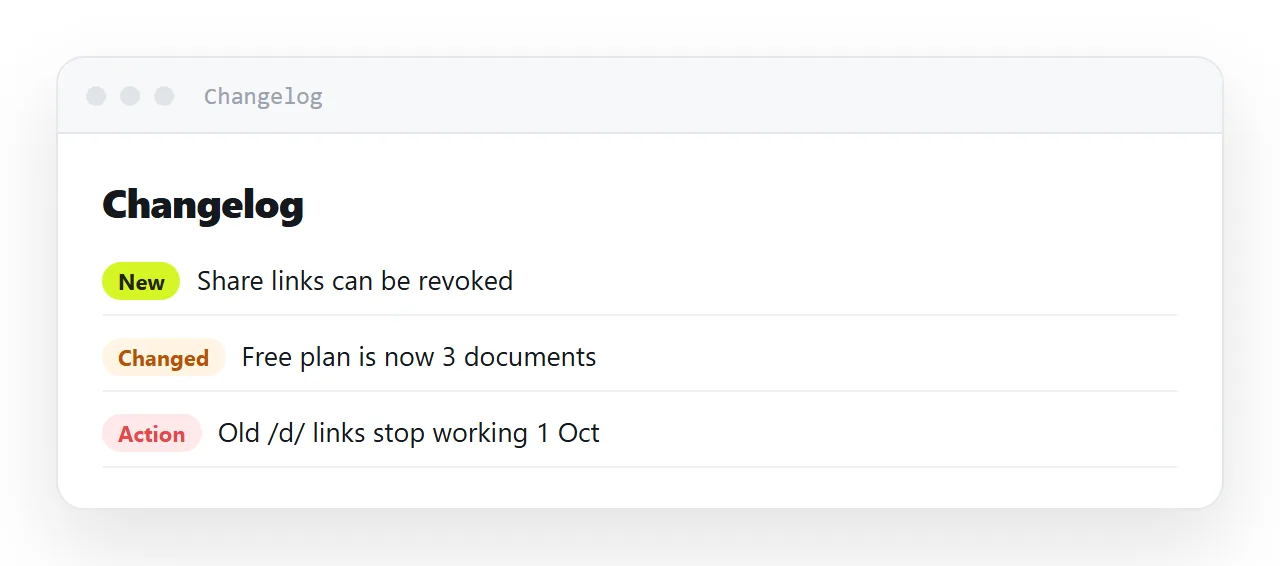 An HTML changelog written from the customer side: three categories, newest first, one page.