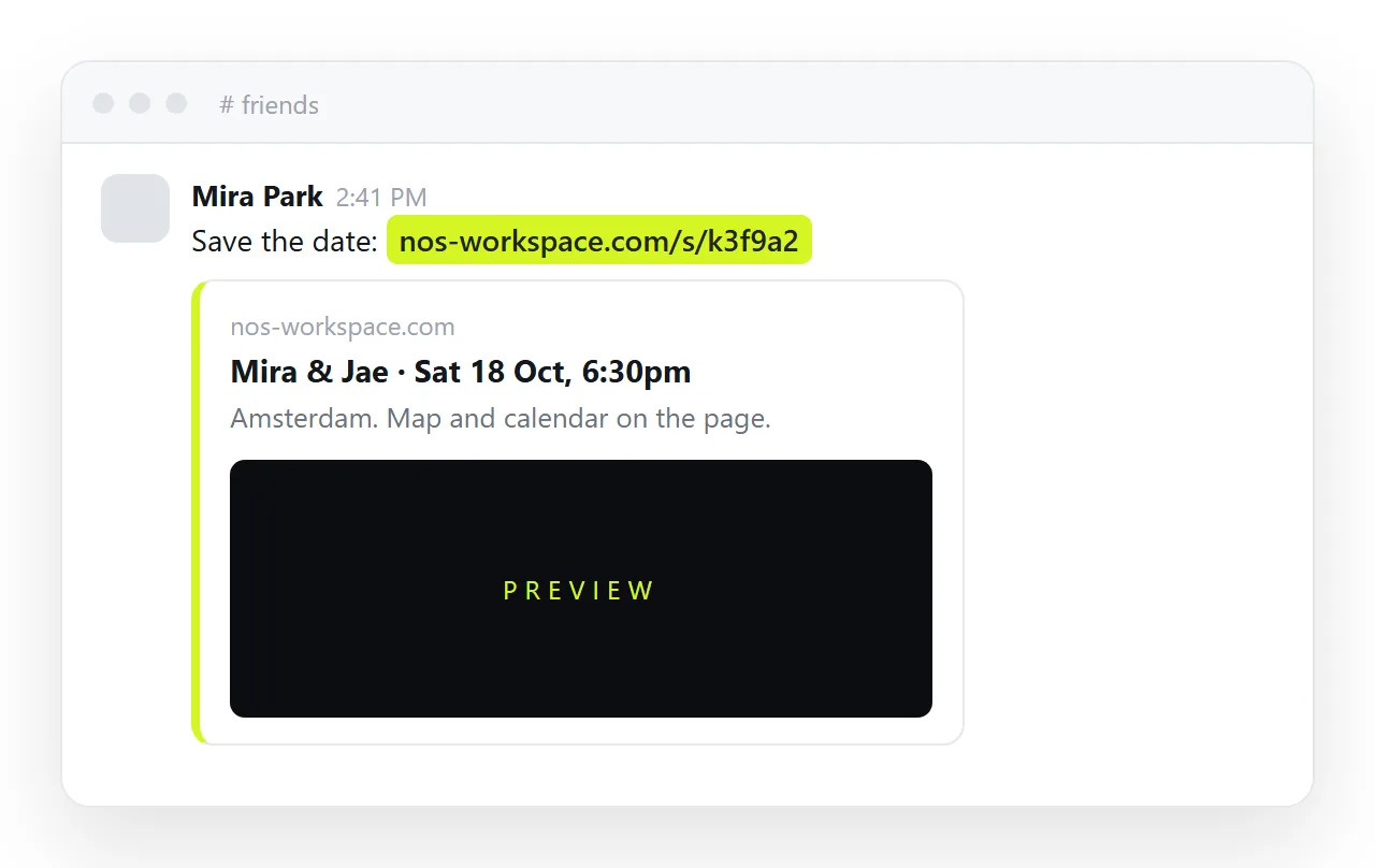 The preview card in chat comes from the page title and description. Put the date in the title.