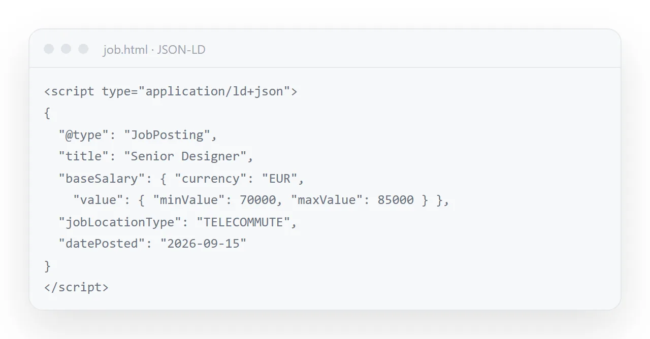 JobPosting structured data, so search engines show the posting with its salary and location.