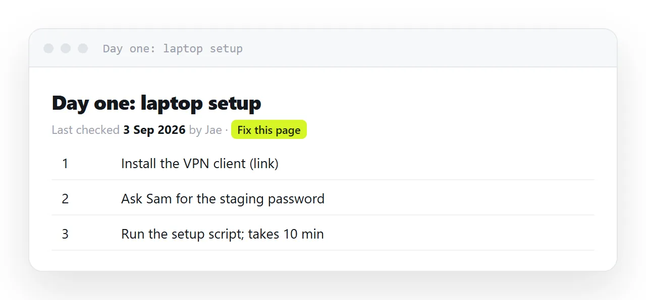 An onboarding HTML template that shows its age: a last-checked date and a Fix this page link at the top.