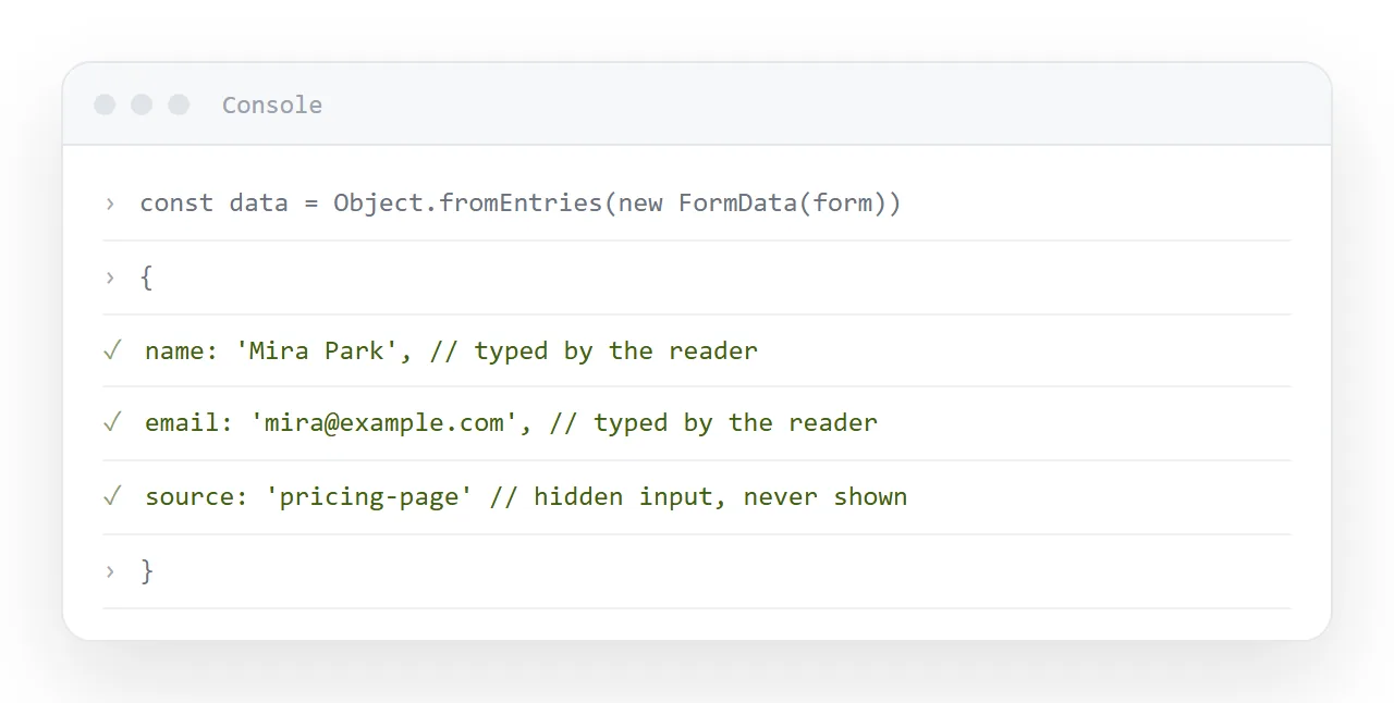 The collected submission object in the console, with the hidden source value alongside the typed fields.