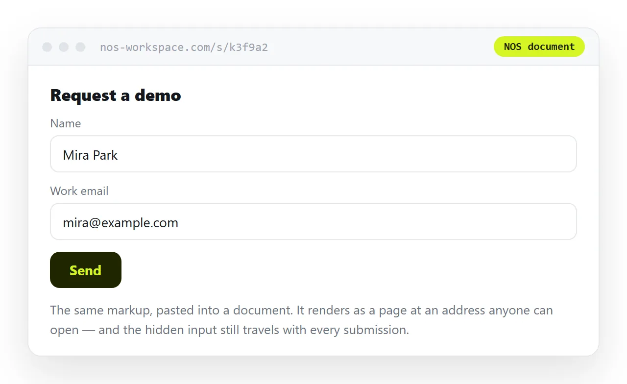 The same form pasted into a NOS document, rendering as a page with its own address.