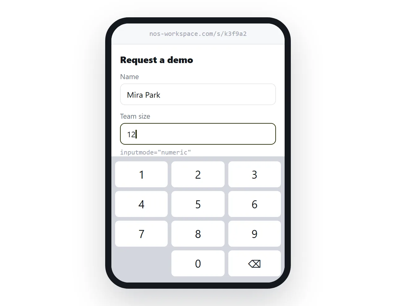 The form opened from a share link on a phone, with the number keypad shown.