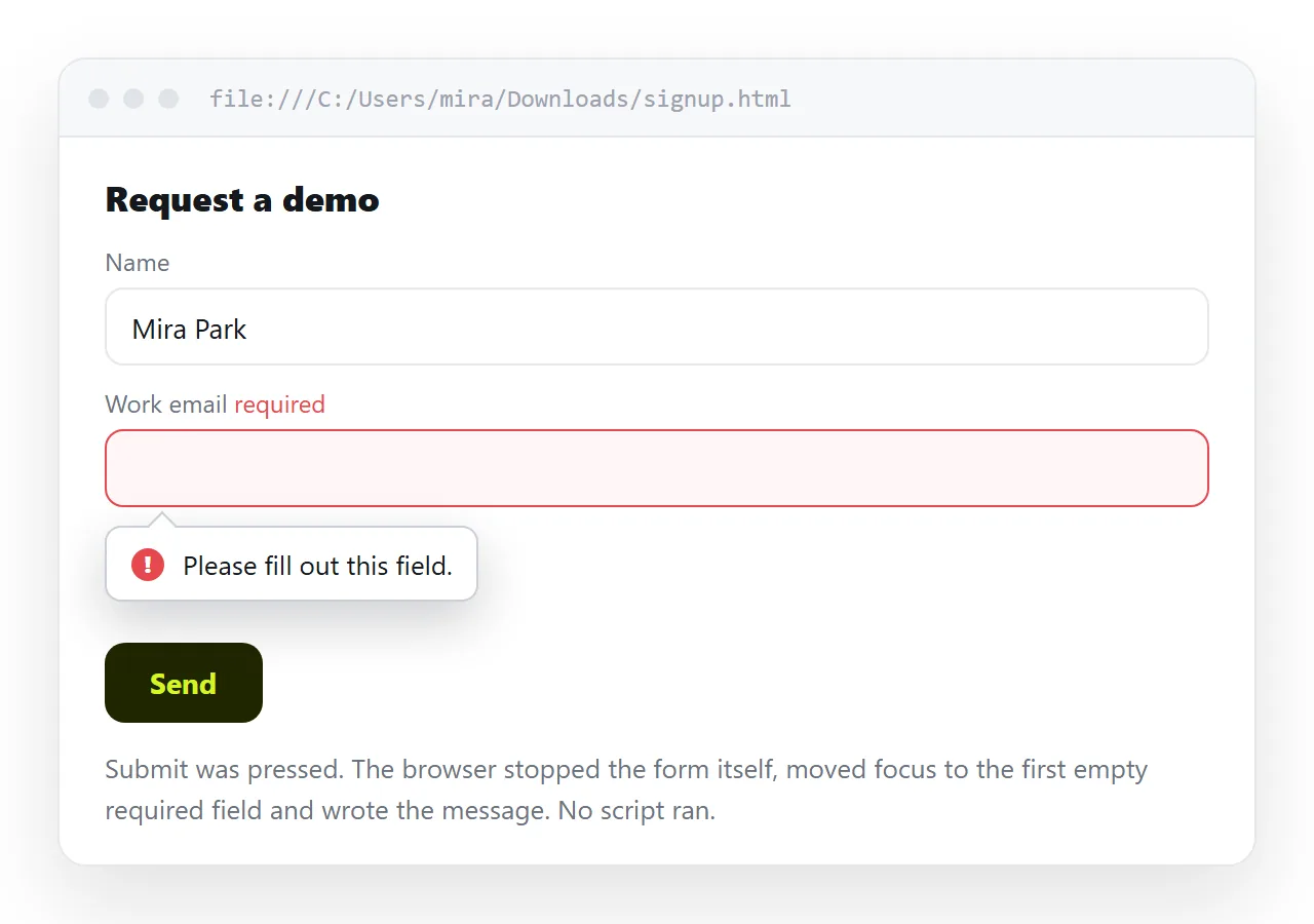 A form submitted with an empty required field, showing the browser's own message bubble.