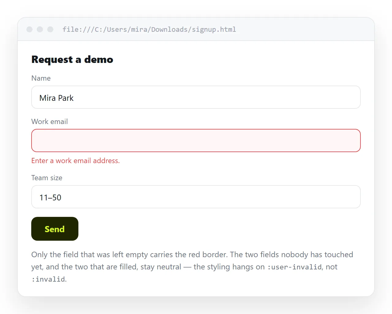 A form where only the field the reader has left empty is marked, the rest neutral.
