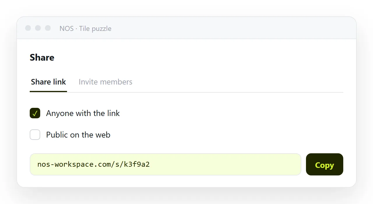 The share panel with the link created, ready to paste into a chat.