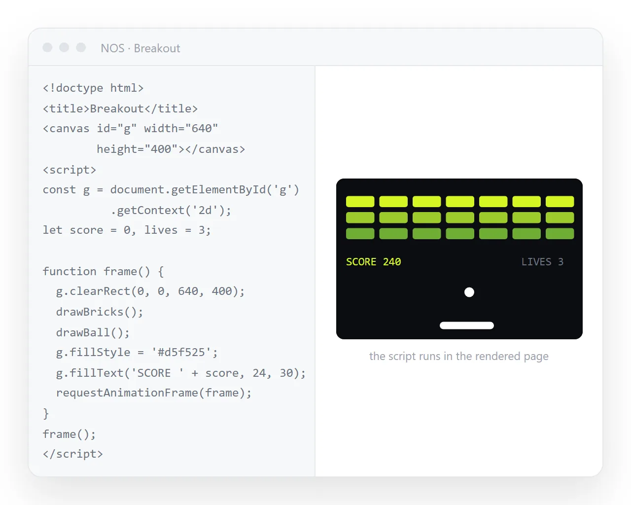 Game HTML pasted into a NOS document. The script runs and the canvas is playable in the rendered page.