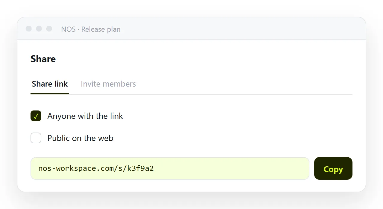 The share dialog, link created, Public on the web left unticked.