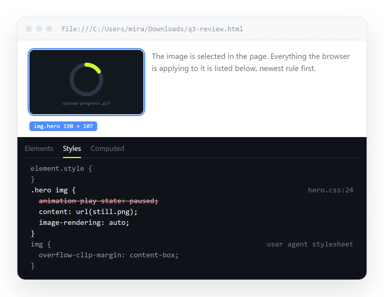 The element inspector with the image selected, showing the CSS rules applied to it.