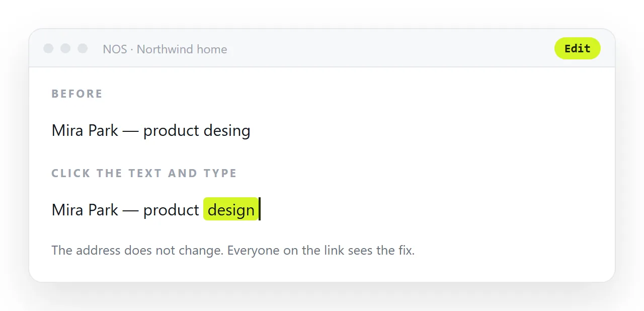 A headline being corrected by clicking the text in the document. The address is unchanged.