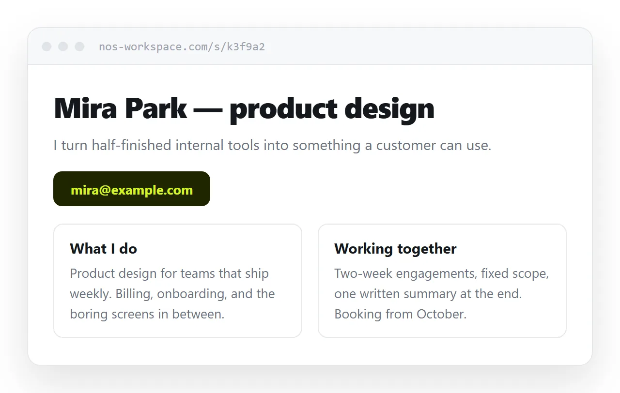 A finished home page. Heading, one sentence, a single link, and two short sections below.
