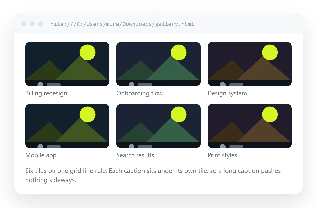 A gallery page with tiles in an even grid, each with a caption underneath.