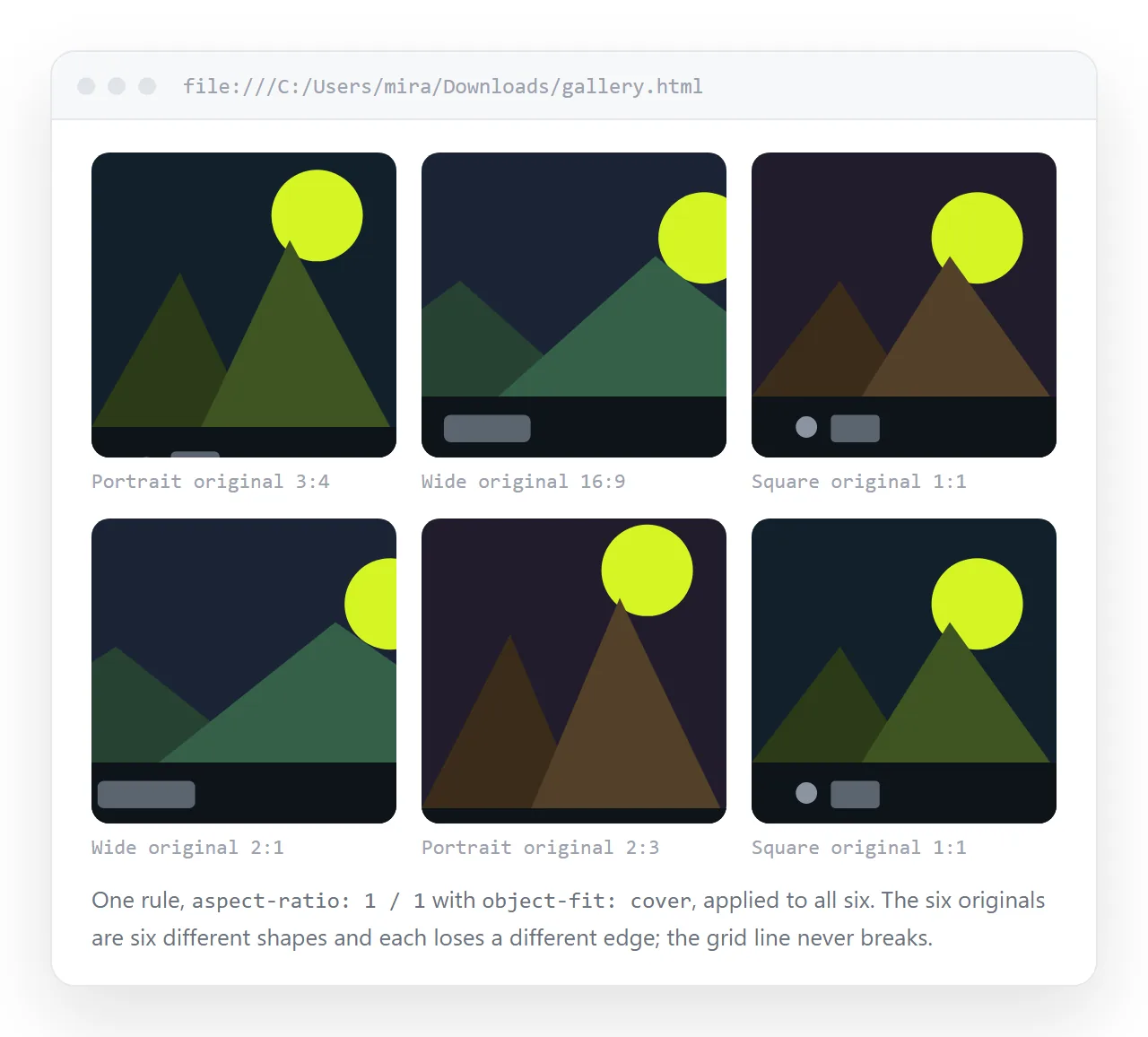 A grid of cards using a single one-to-one ratio, with images of different original shapes cropped to fit.