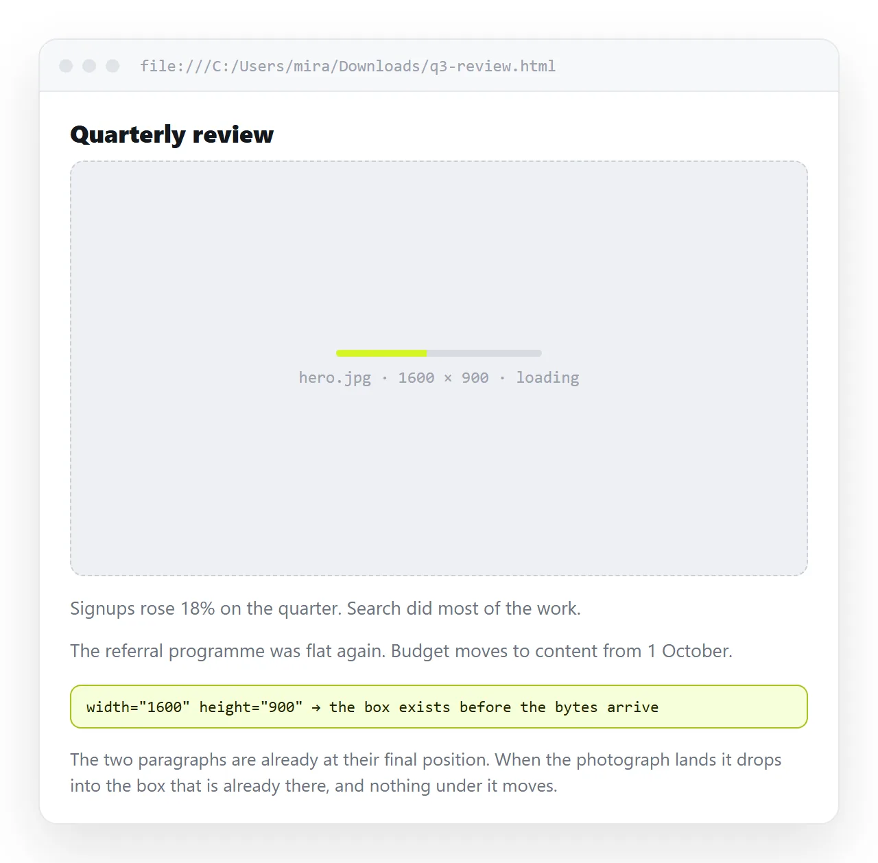 A page loading with the image space already reserved. Text below does not shift as the file arrives.