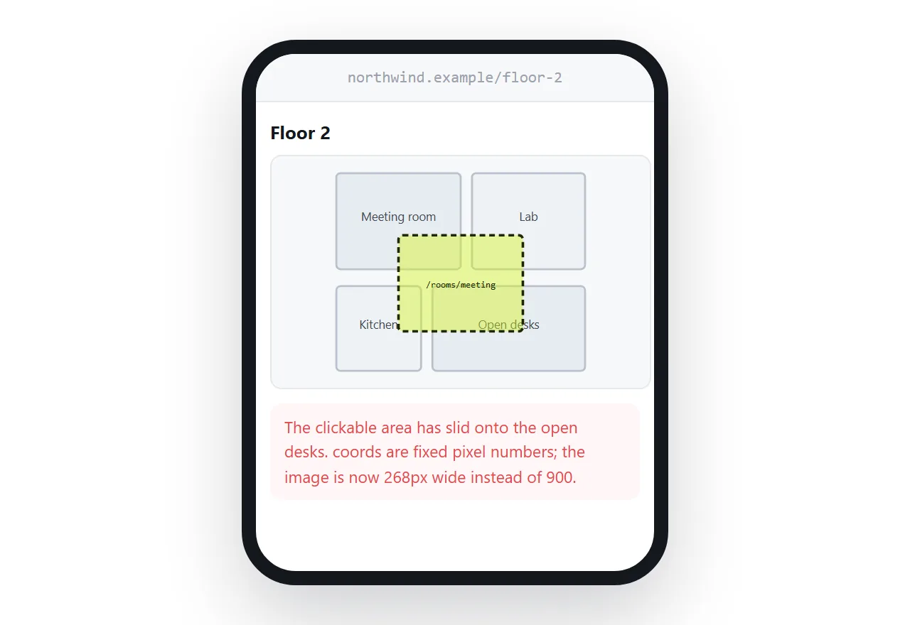 The same floor plan in a narrow window. The highlighted clickable area sits visibly away from the room it belongs to.