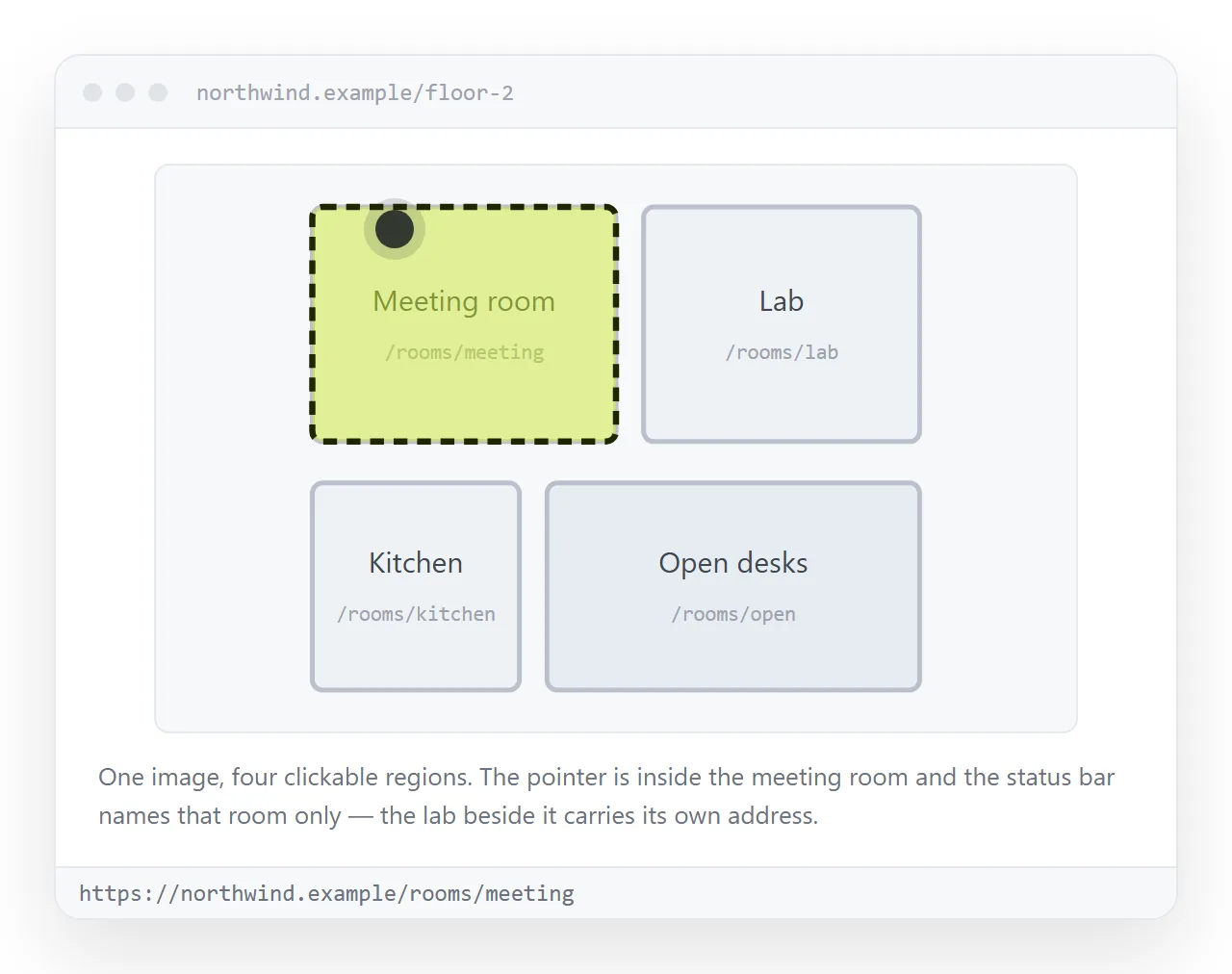 A floor plan image in a browser. The cursor sits over one room and the status bar shows a different URL than the room beside it.