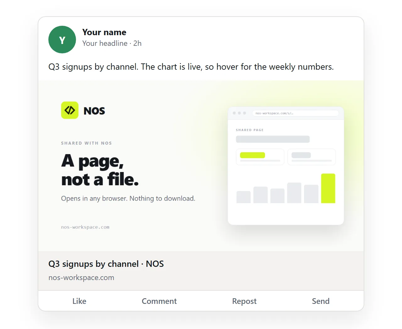 A post with a link. The card comes from the page's tags, and a click opens the page. (Illustration.)