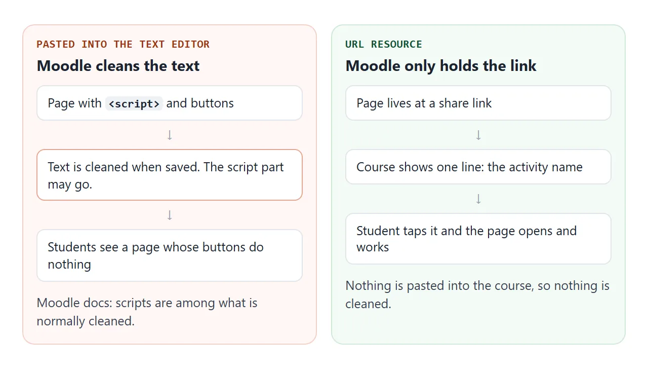 The editor cleans pasted text. A URL resource only stores the address.