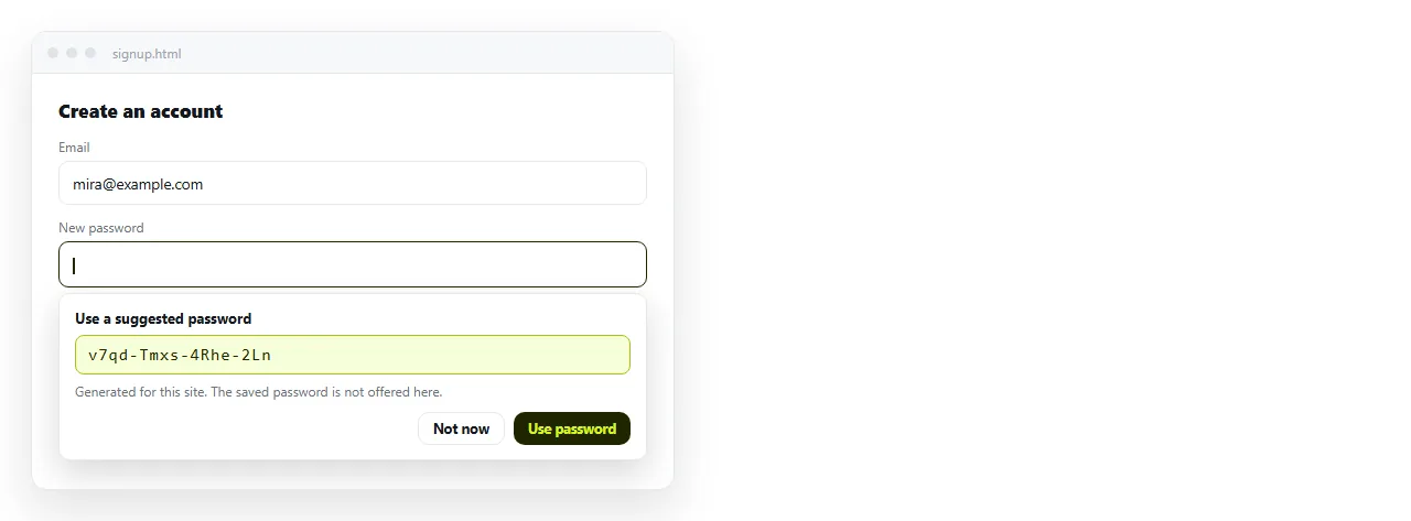 A signup form where the browser offers to generate a password rather than filling in the saved one.