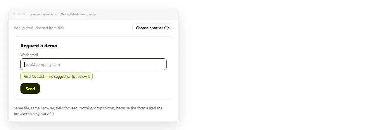The form opened in the HTML file opener with a field focused and no suggestion list appearing.