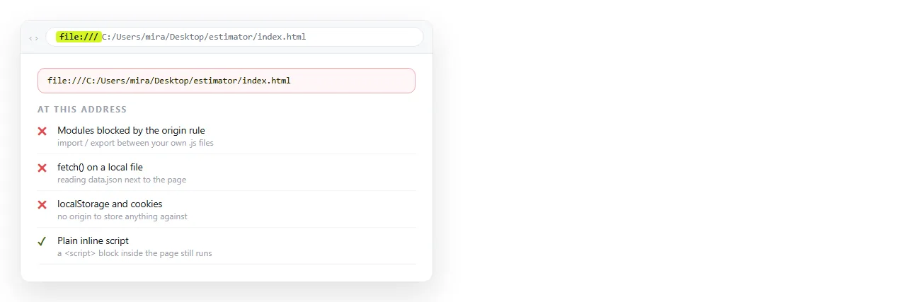 The address bar showing a file:/// path. Several JavaScript features are unavailable at this address.