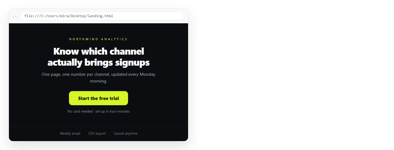 A single file HTML landing page rendered in a browser, headline and one button visible above the fold.